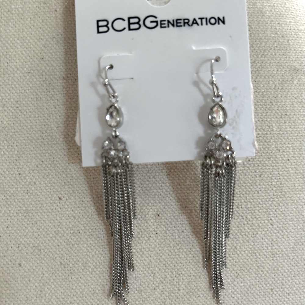 BCBGeneration Metal fringe tassel earrings with clear crystals and French hook